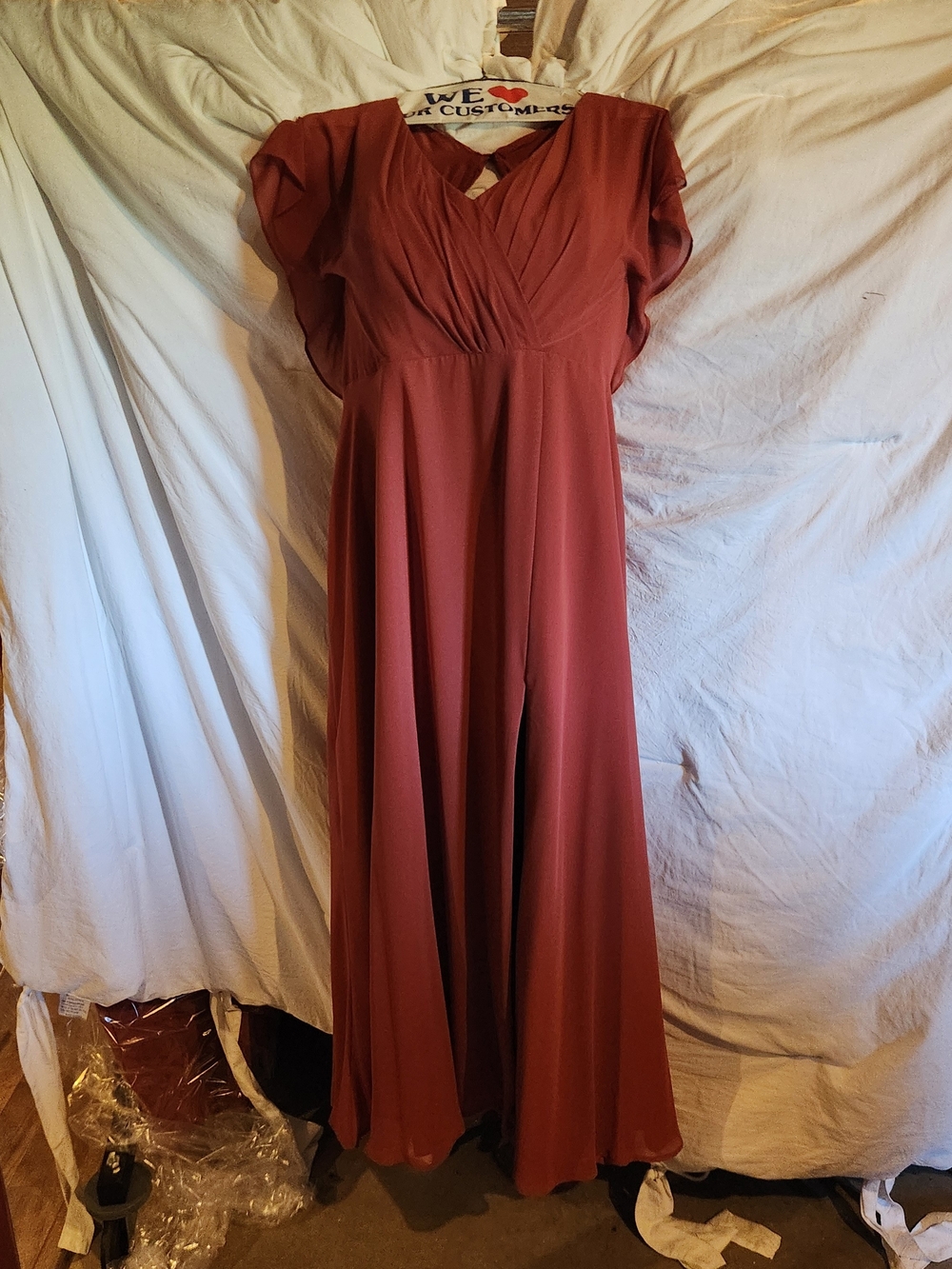 Azazie Rust Maxi Dress with V-Neck and Flutter Sleeves